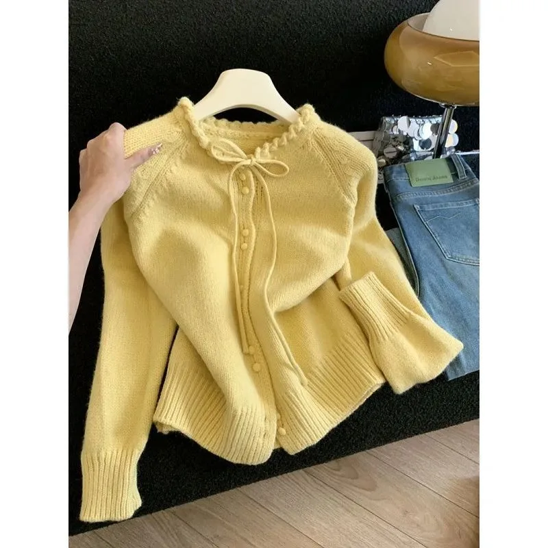 

Solid Color Women's Round Neck Long-sleeved Bow Tie Sweater Sweater Autumn and Winter Cardigan Coat Top