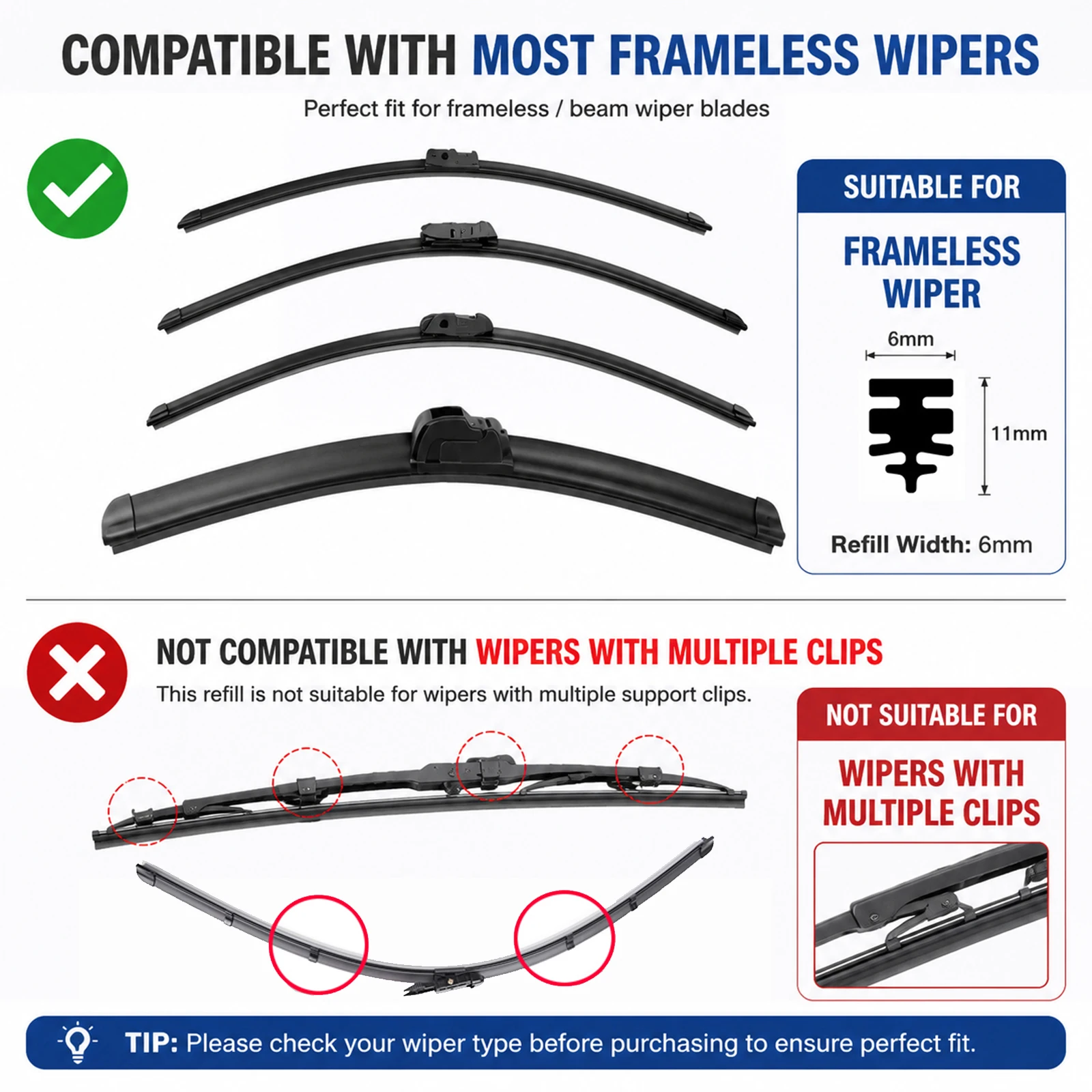 6mm Universal Frameless Windshield Wiper Blade Refills Rubber Strip, Car Auto Glass Cleaning Replacement Accessories 24