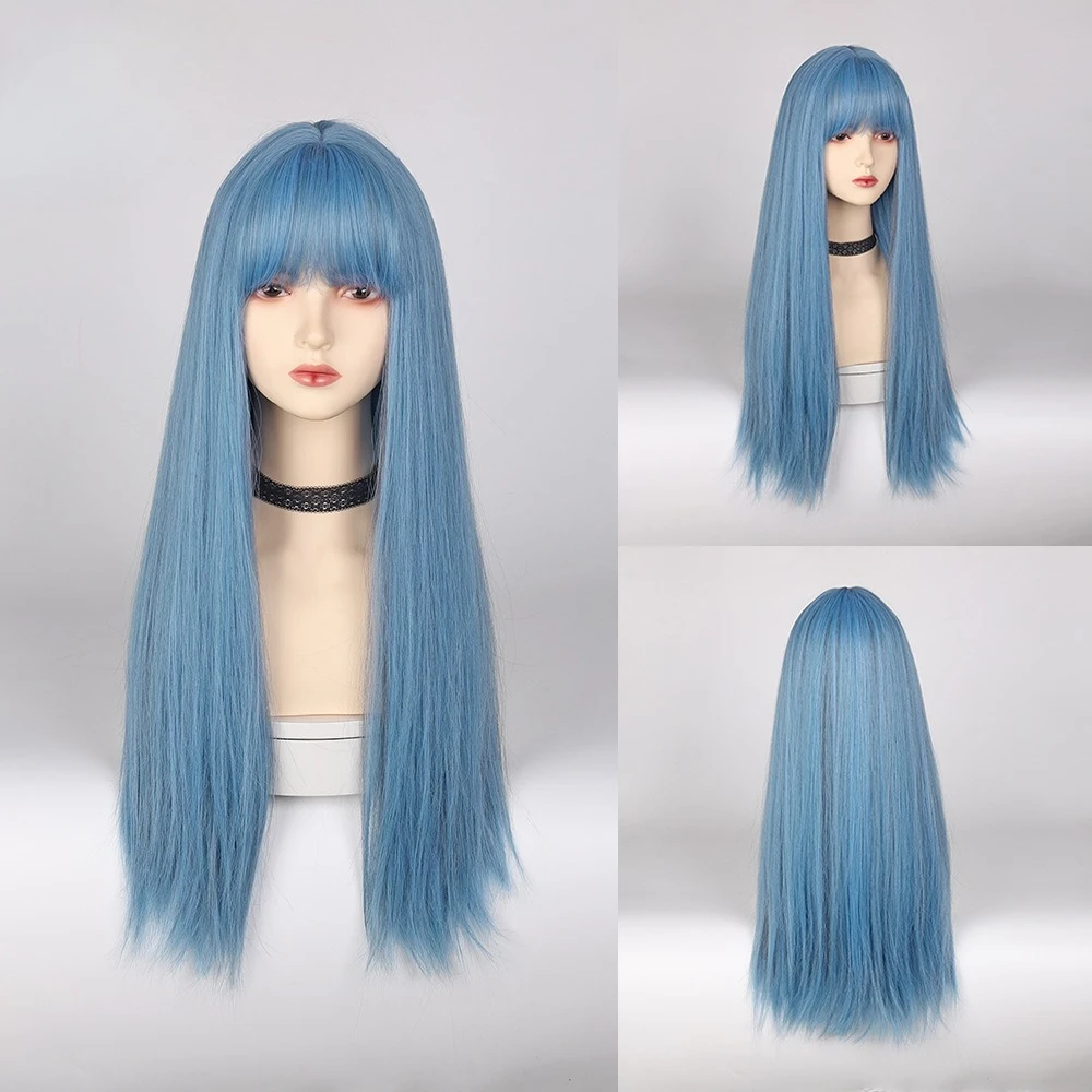 

New Fashion Mermaid Blue Wig Qi Bangs Ladies Long Straight Hair Wig