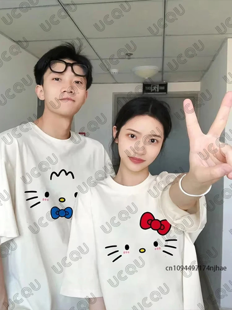 

2026 New Hello Kitty Print Couple Cotton T-shirt For Women Men Summer Short Sleeve O-neck Tees Casual Streetwear Harajuku Tops