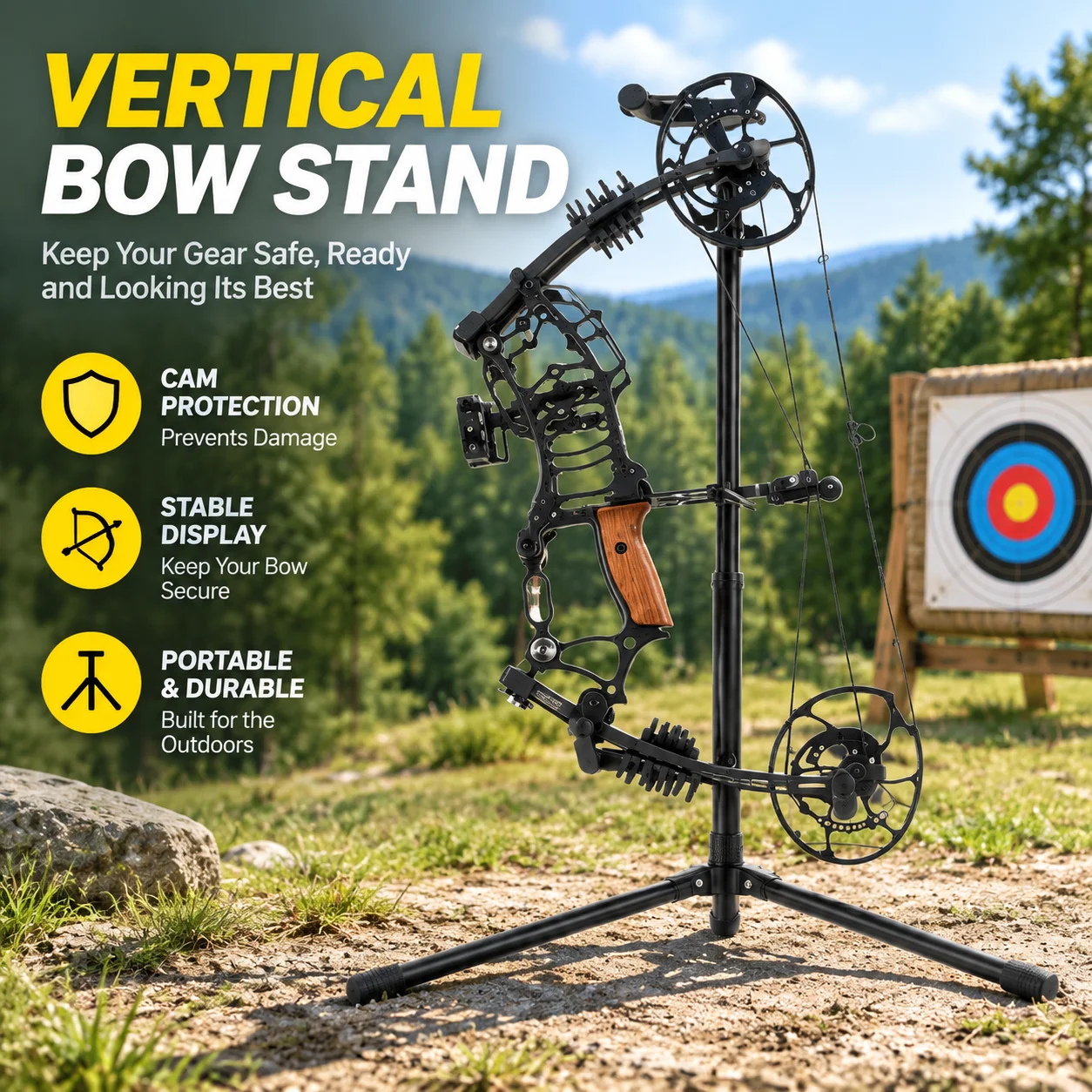 Vertical Metal Compound Bow Stand Tripod Rack for Archery Hunting Display and Cam Protection