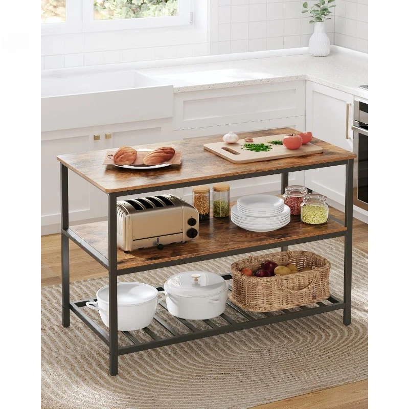 Kitchen Island with 3 Shelves, Stable Steel Structure, Industrial, Easy to Assemble, Rustic Brown and Black UKKI01BX