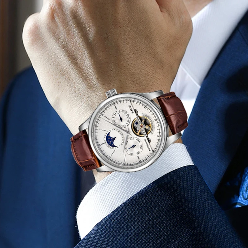 

Новые модные повседневные мужские часы LIGE, роскошные автоматические кожаные водонепроницаемые спортивные часы с турбийоном, 24 часа, механические мужские часы с фазой Луны