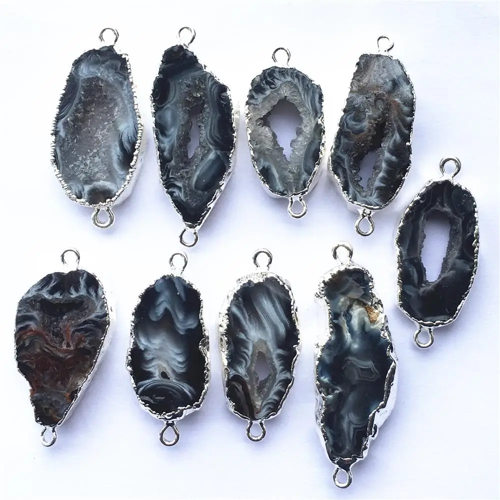 Natural Black Brazilian Agates Slice Pendants Connectors Irregular Raw Druzy Silvers Stones Pendants For DIY Jewelry Making 5PCS