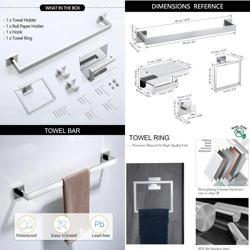 

5-Piece Polished Chrome Bathroom Hardware Set: 23.6 Towel Bar, Ring, Hook & Toilet Paper Holder