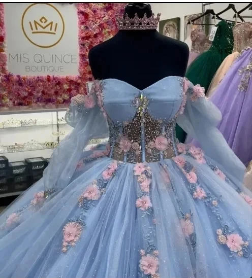 ANGELSBRIDEP Glittering Blue Ball Gown Quinceanera Dresses Crystals 3D Flowers Long Sleeves Vestidos De 15 Anos Birthday Party