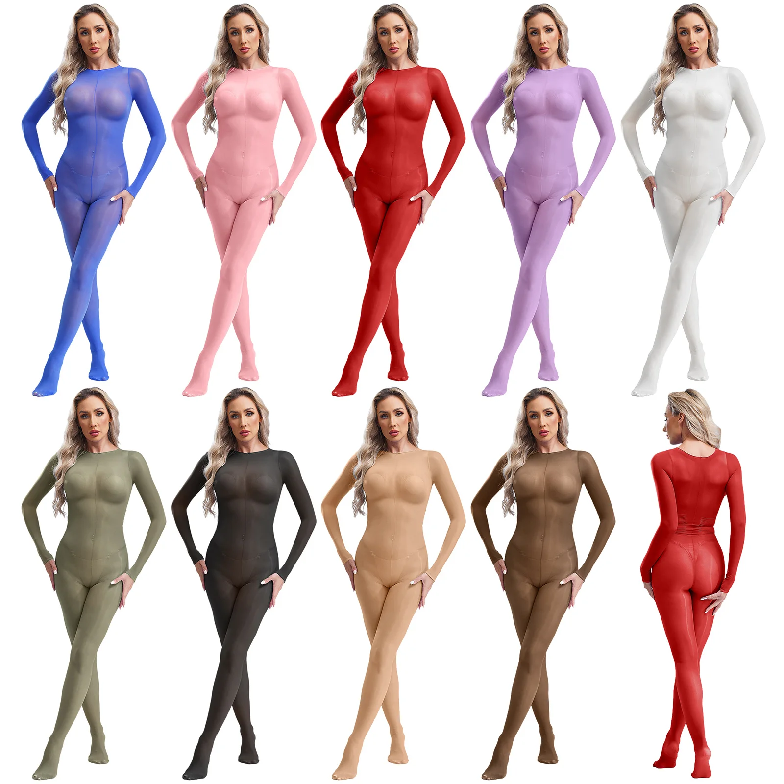 Women Stretchy Tights Bodystocking Long Sleeve Footed Jumpsuit See-through One Piece Catsuit for Nightclub Pole Dance Show