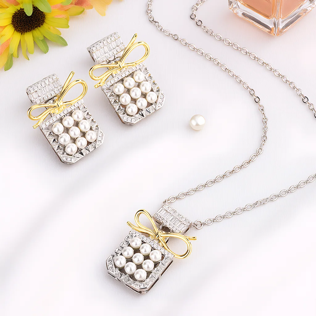 

Элегантный винтажный комплект ювелирных изделий из 3 предметов для женщин, жемчужное парфюмерное ожерелье с бантом, блестящее колье с кристаллами, свадебные серьги для вечеринки