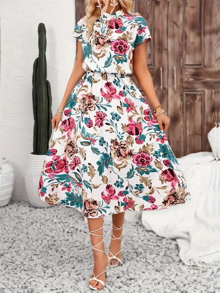 -Border Foreign Trade Women's Flower Print Loose Lapel Short Sleeve Dress Spring and Summer Women's Design Mid-Length Skirt