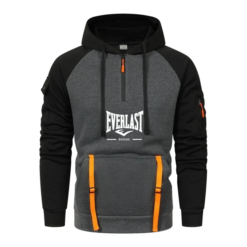 Nueva sudadera con capucha informal de otoño e invierno para hombre, ropa deportiva cálida y resistente al viento de tela de retales para correr a la moda para exteriores