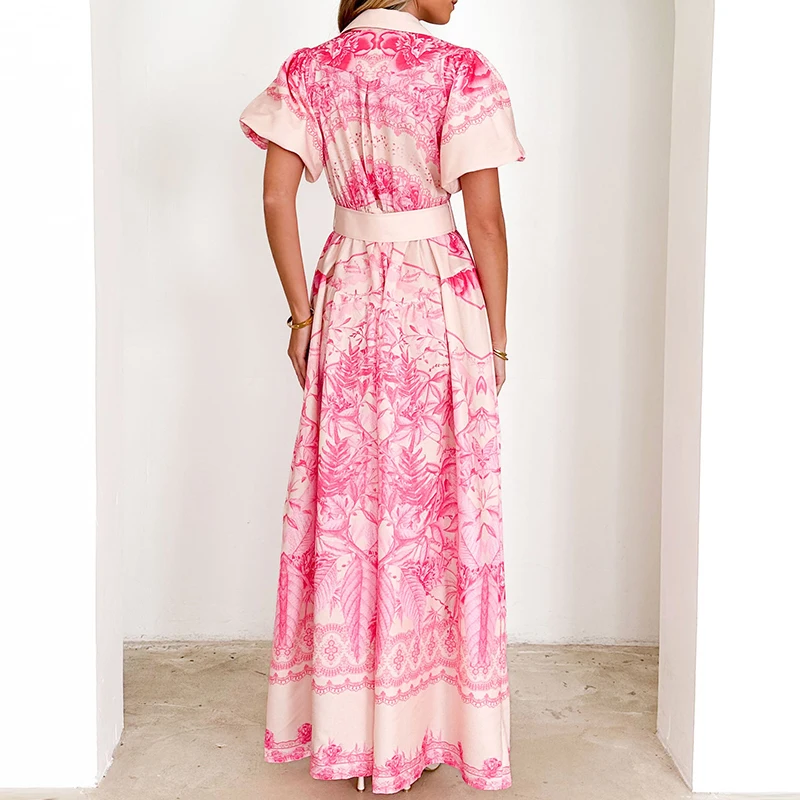 Casual Women's Lapel Shirt Dress Vintage Floral Print High Waist Long Dress Summer Single Breasted Short Sleeved Bohemian Dress