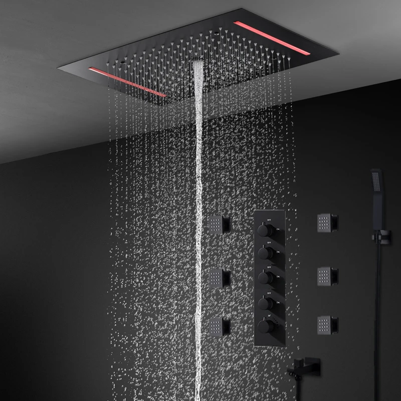 

360x500mm Bathroom Shower 20X14 inch Ceiling Bath Set Column Rain Black Thermostatic 4 Ways Mixer Body Jets Massage