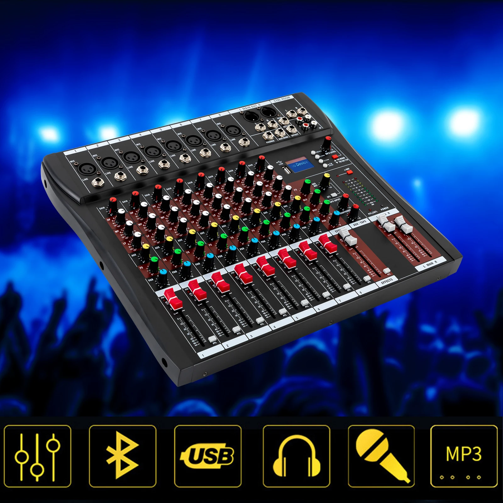 [8-Channel Mixer] 1 High-Quality Metal 8-Channel Mixer - 3-Band Equalizer 8 Mic Inputs - Home Studio Live Performances