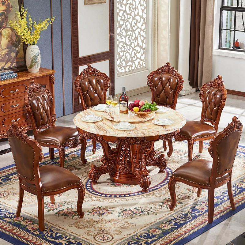 European round table all solid wood American retro dining table home marble dining table and chair combination