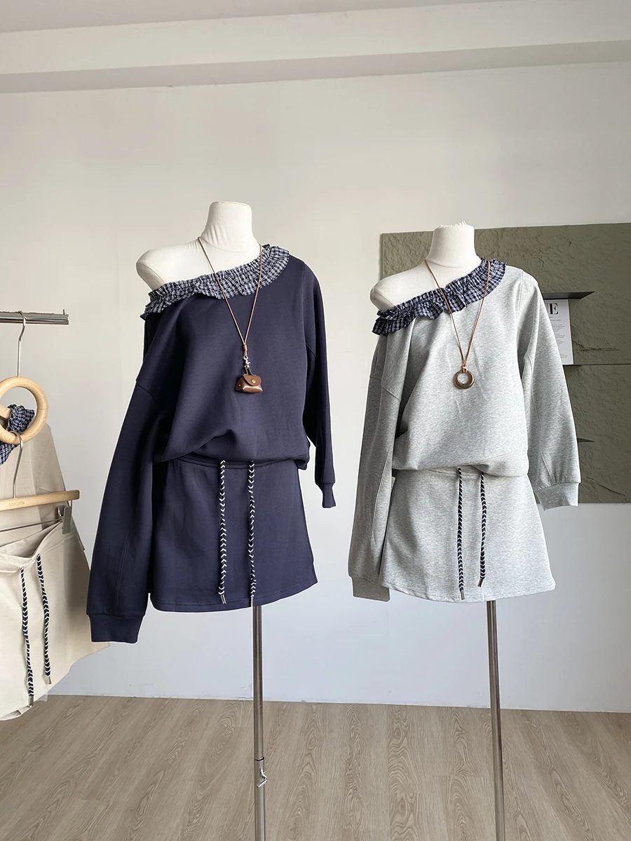 

2025 Early Autumn New Korean Style Fashion Wooden Ear Slant Shoulder Loose Long Sleeve High Waist Slimming Half Body Sho...