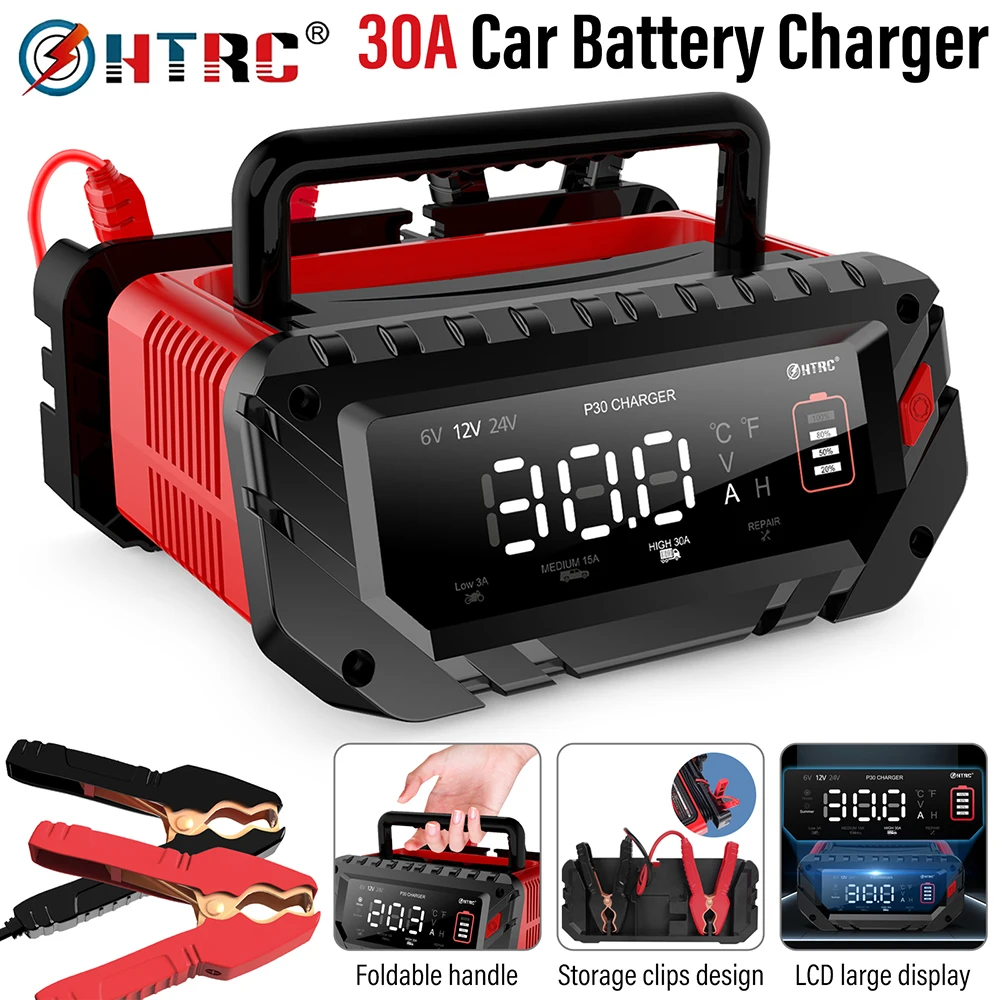 HTRC P30 Car Battery Charger 420W 6V/12V/24V LCD Display Quick Charger For Cars RV SUV Motorcycle Repair Car Maintainer Motor