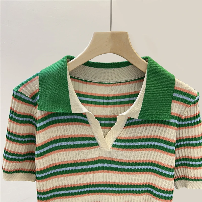 Women POLO Collar Short Sleeved T-shirt Casual Loose Green Striped Knit Pullovers Versatile Bottom Shirt Summer Stretchy Tees