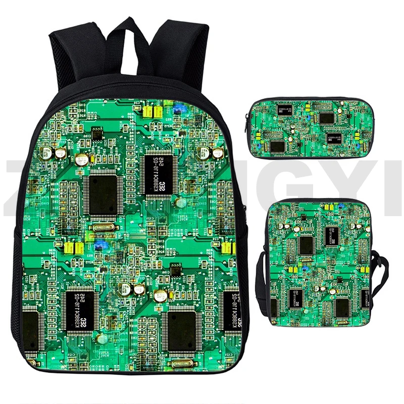 Trendy Circuit Board Electronic Chip 3D Print 3pcs/Set School Bags Laptop Daypack Backpack Inclined shoulder bag Pencil Case