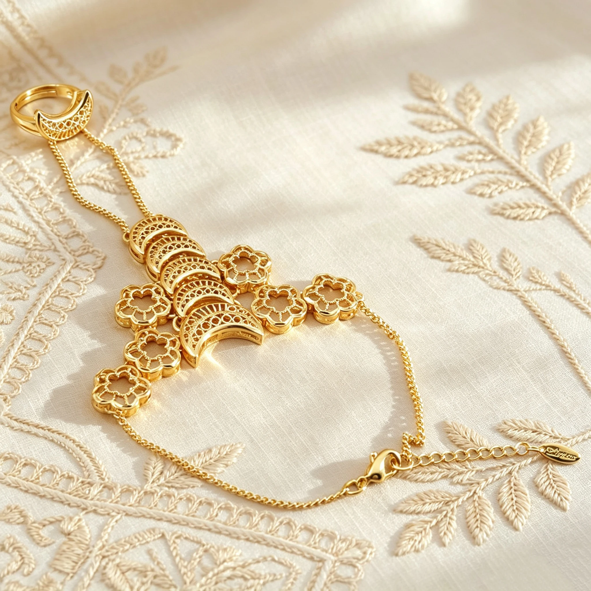 Gold Tone Hollow Moon Flower Hand Chain Bracelet Connected Ring Adjustable Wrist Finger Harness Jewelry For Women Ethnic Party