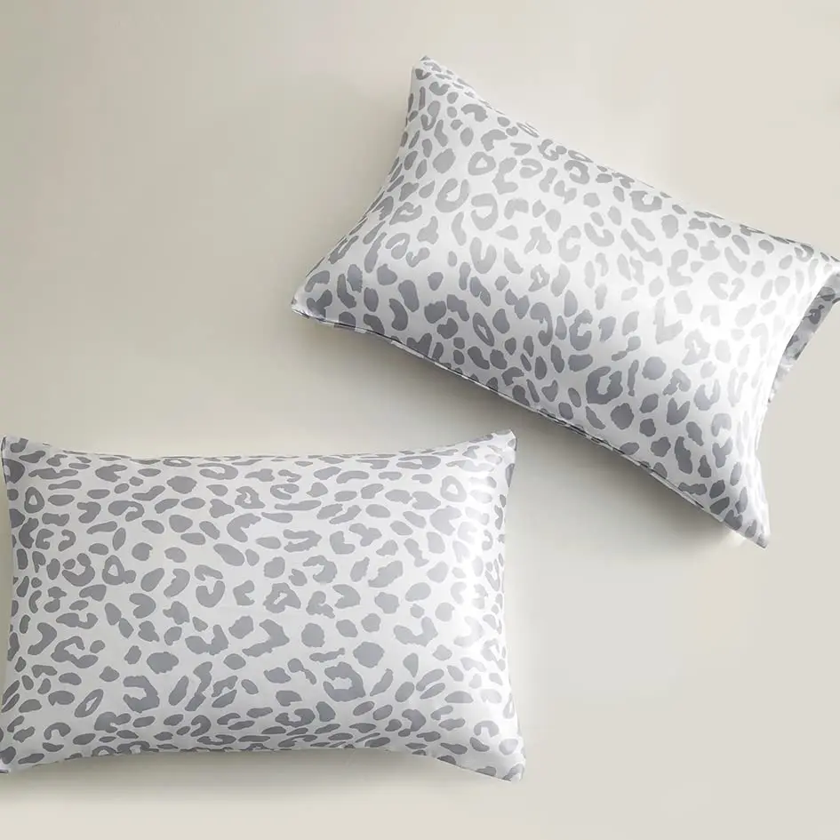Satin Pillowcase for Hair & Skin, Grey Leopard Printed Pillow Cases Set of 2, Silk Satin Pillow Covers with Envelope Closure