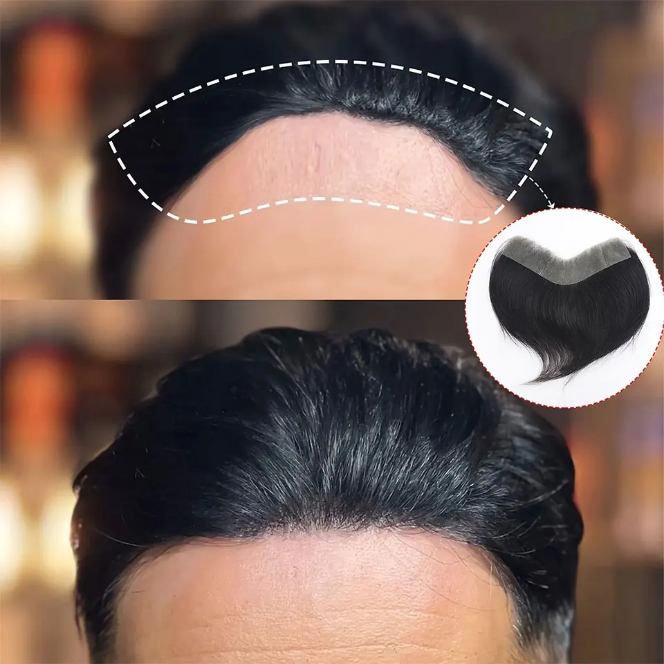 Natural Black Human Hair Toupee Men Forehead Hairpiece Patch V Looped Invisible Seamless Skin Full PU Men's Capillary Prosthesis