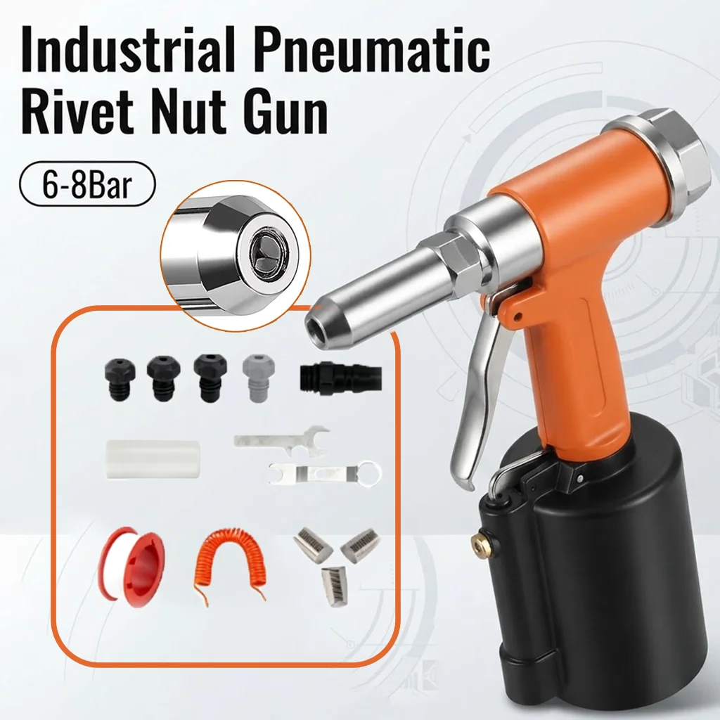 Heavy Duty Pneumatic Rivet Nut Gun Kit 0.6‑0.8MPa Air Riveter Rivet Gun Industrial Riveting Hand Tool Set with 3-Jaw Clamping