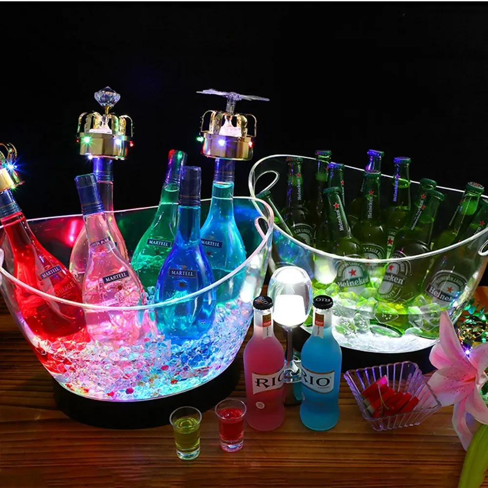 Cubos de almacenamiento de cubos de hielo luminosos LED transparentes, contenedor de enfriador de botellas de cerveza de Bar en forma de barril,