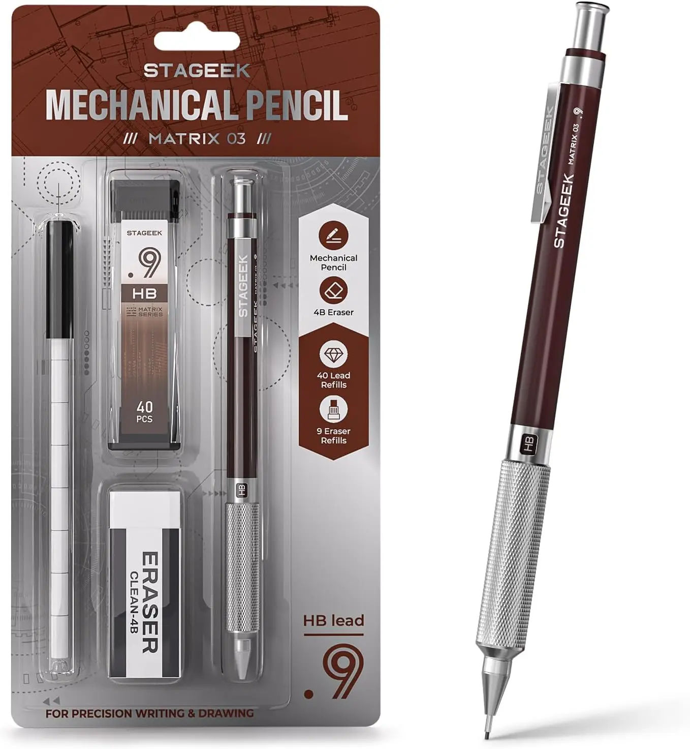 

0.9mm Metal Mechanical Pencil with Eraser and 40 HB Leads for Drawing, Sketching, Drafting, School, Office