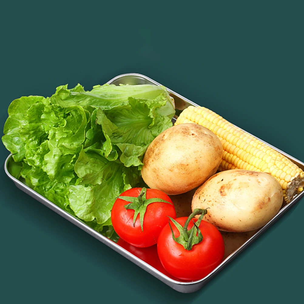 

Stainless Steel Steamer Tray Large Roasting Plate Flat Bottom Food Serving Pan Kitchen Fruit Storage Container