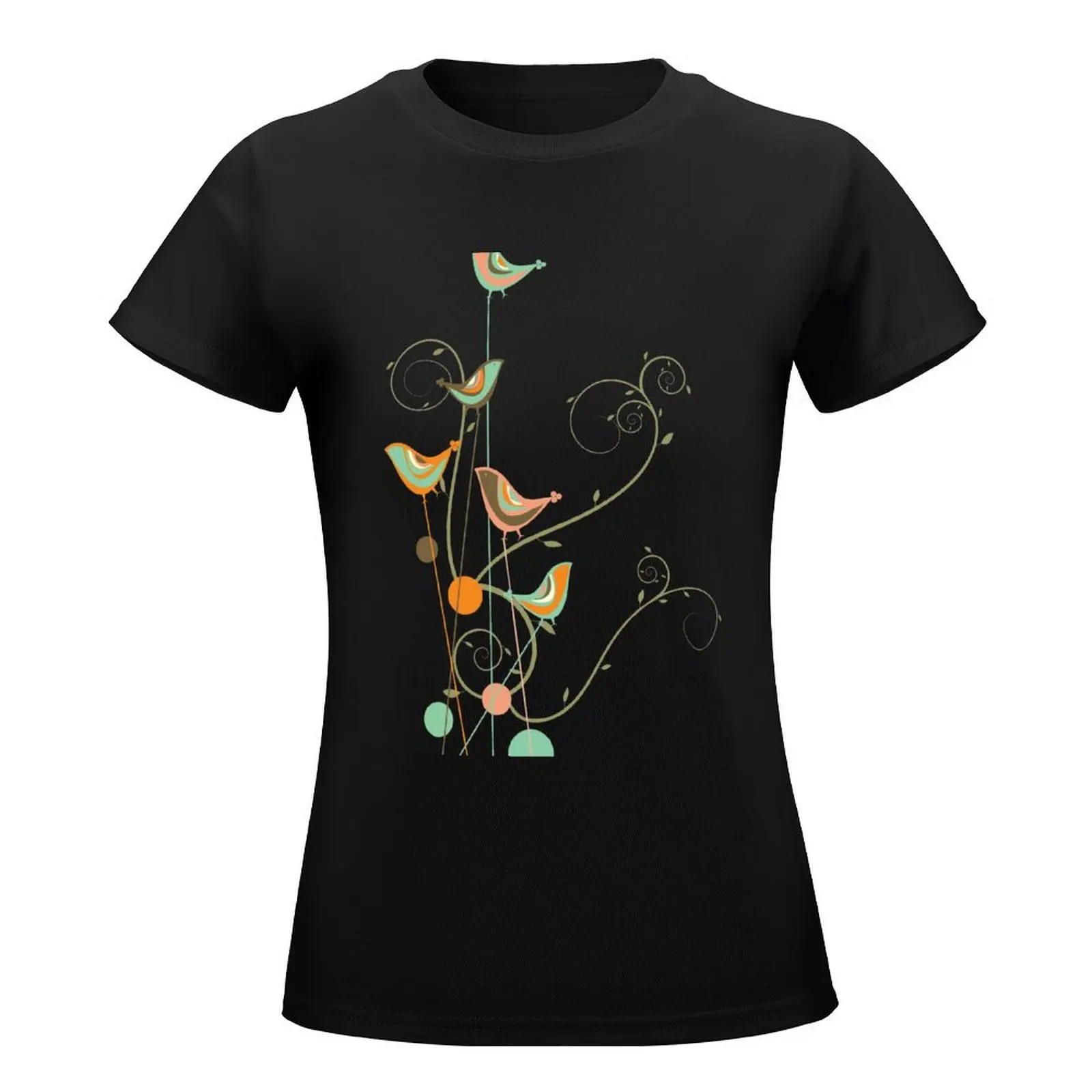 Colorful Summer Orange, Chocolate and Mint Whimsical Birds with Swirls ? fatfatin T-Shirt aesthetic clothes T-shirt Women