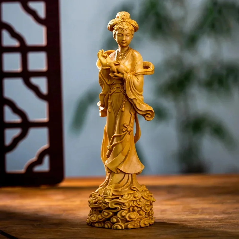 Solid Wood Fairy Chang'e Figure Statue Traditional Hand Carving Mythology Home Decor Ornament for Living Room Bedroom