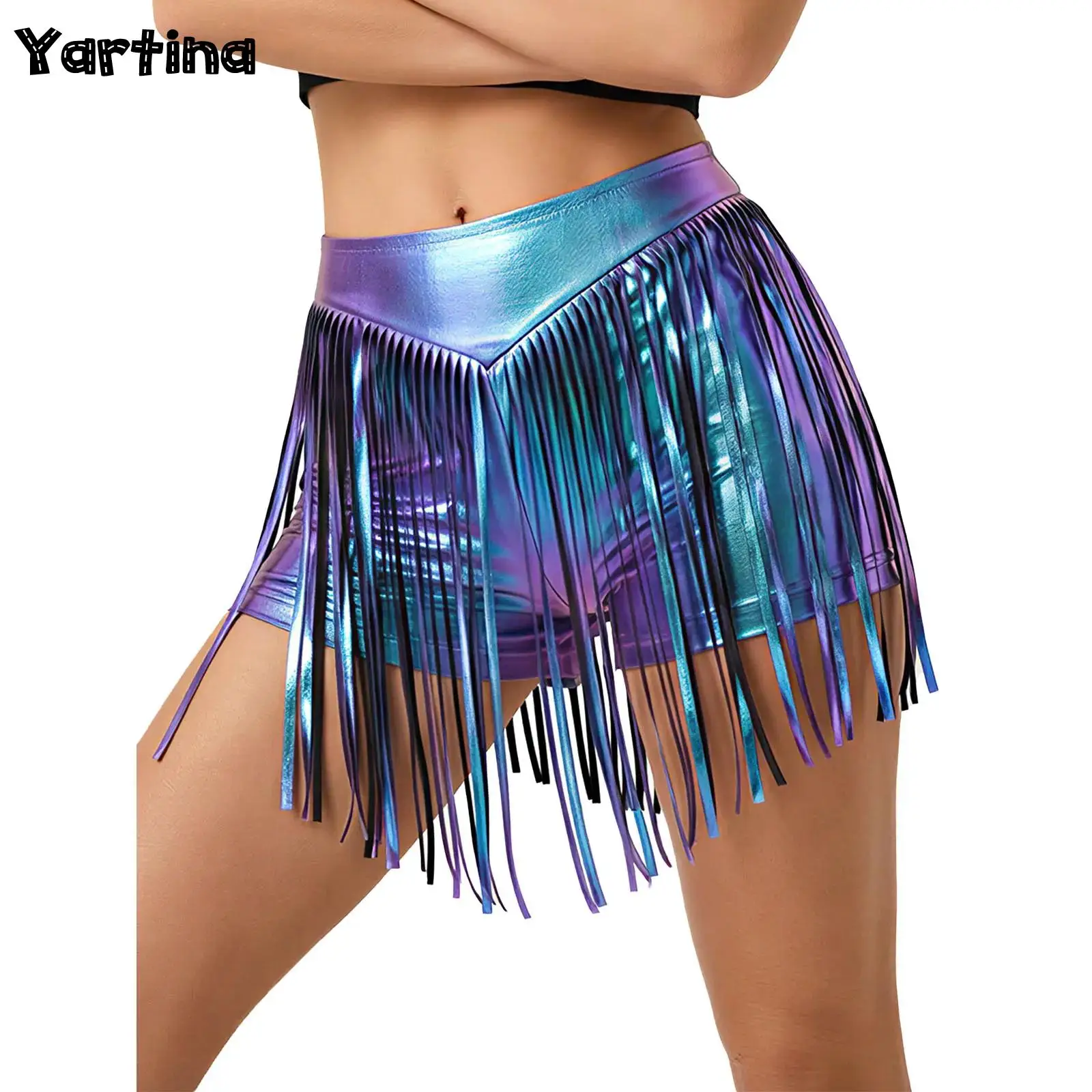 Calças quentes metálicas iridescentes das mulheres com borla cintura alta franjas booty shorts atrevidos dança de palco jazz rock clubwear