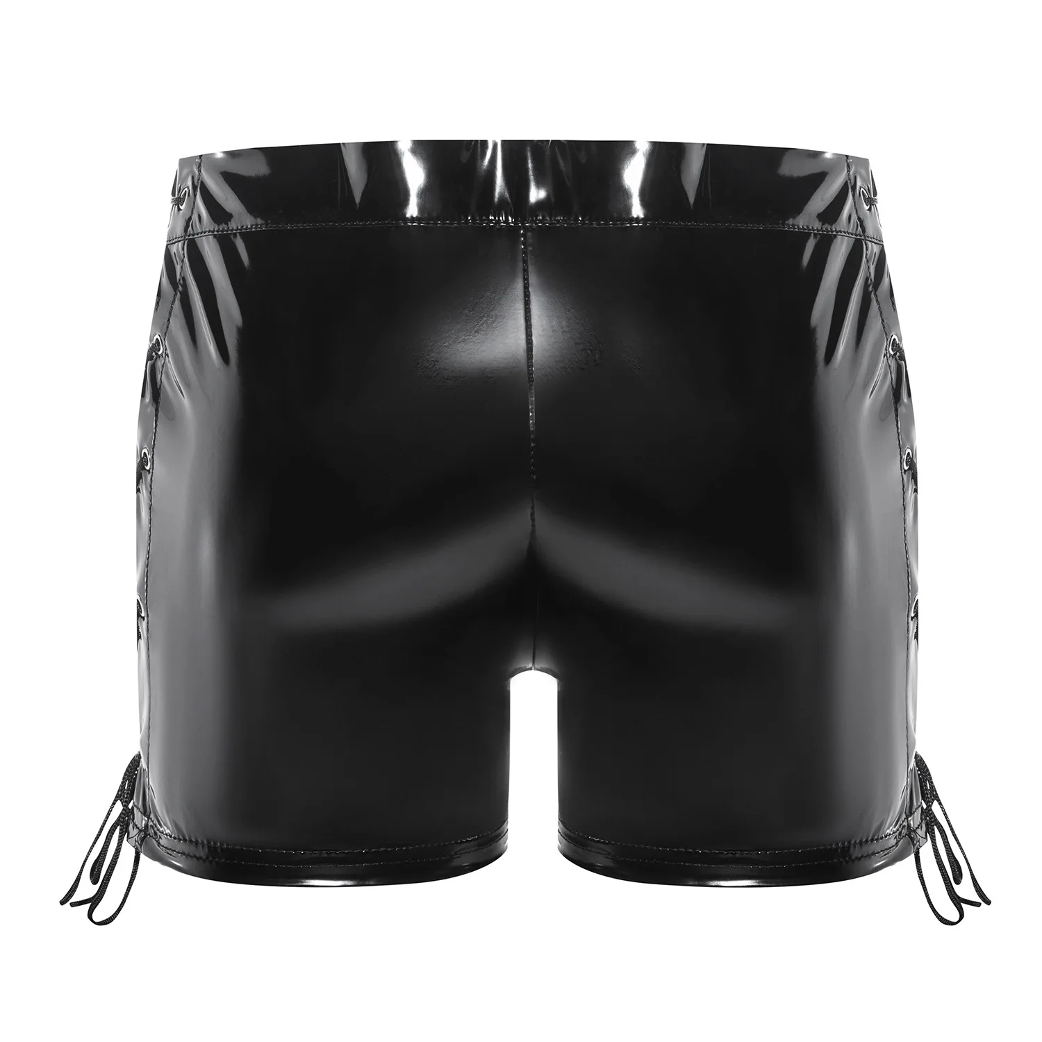 Men's Sexy Zipper Open Crotch Hot Porn Short Pants Shiny Wet Look PVC Leather Fetish Boxers Male Erotic Side Hollow Out Shorts
