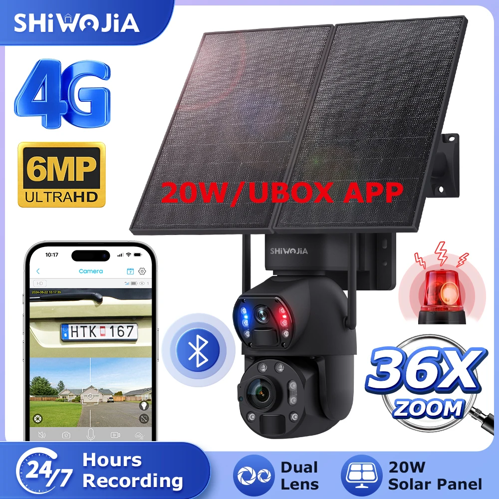 

SHIWOJIA 20W Solar Panels 3K 6MP 36X Zoom 4G Solar Camera Dual Lens Dual PIR Detection Humanoid Auto Tracking Outdoor Camera