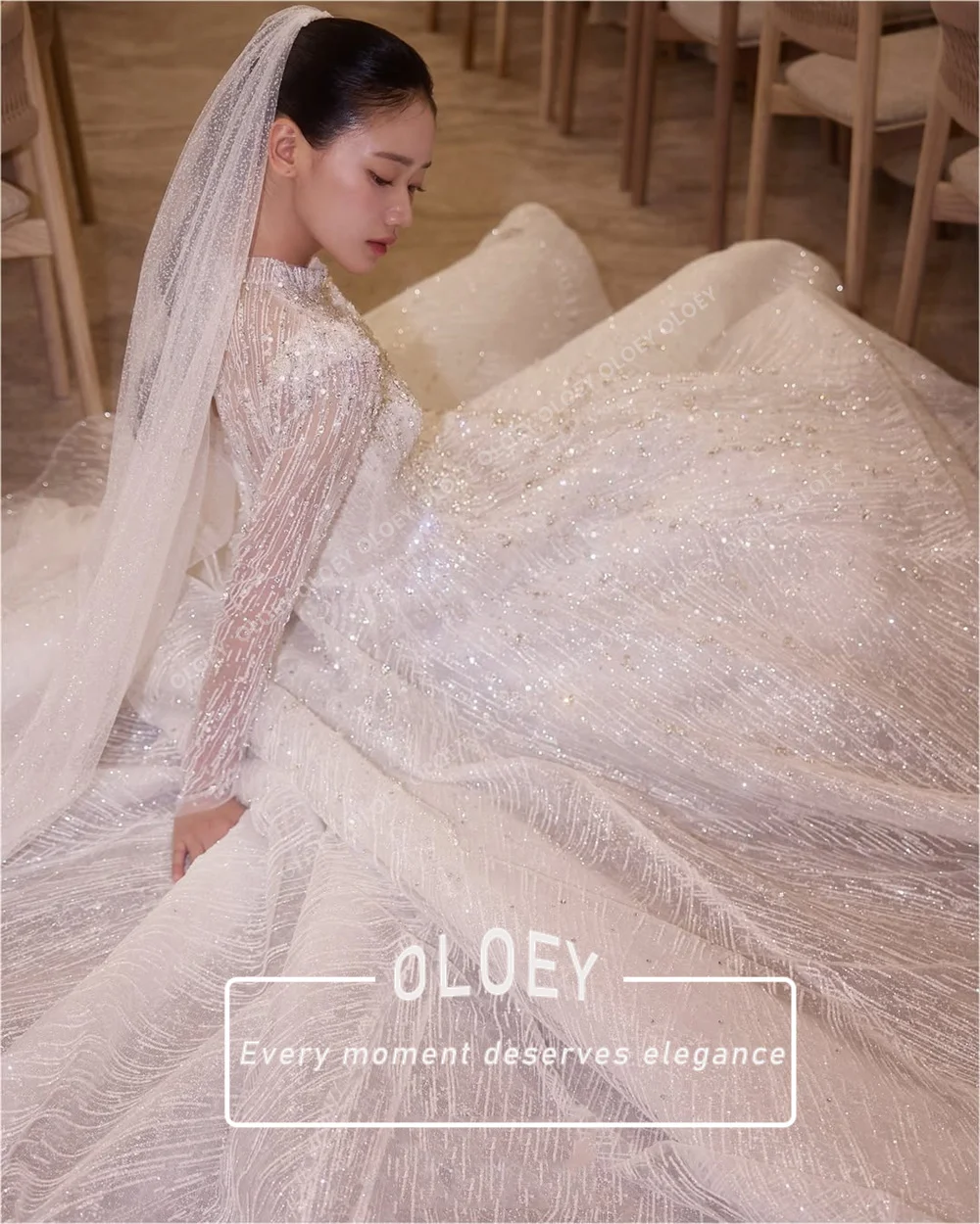 OLOEY Luxury Beaded Glitter Princess Wedding Dress Full Sleeves A-Line Bridal Ball Gown Customized Sweep Train Robe De Mariage