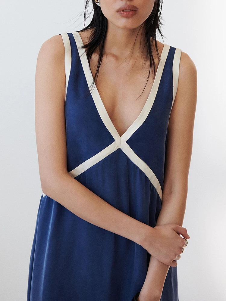 فستان أنيق للسيدات بخصر عالٍ على شكل حرف a موضة اللون منعت على شكل حرف v بدون ظهر فستان صيفي جديد جديد بدون أكمام فستان فضفاض