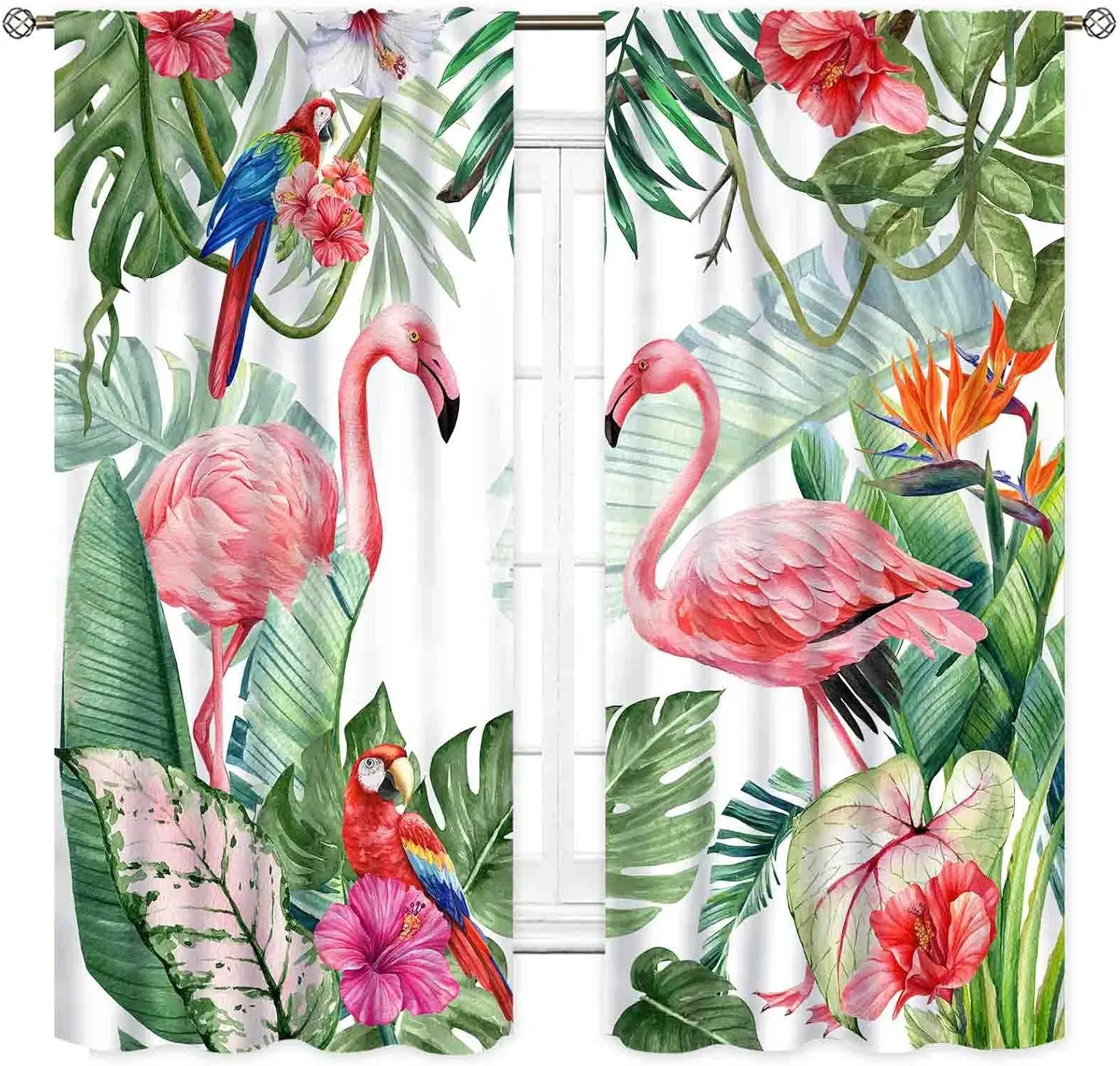 Tropical Curtains, Farmhouse Pink Flamingo Summer Palm Leaves Tropical Floral Jungle Parrot Birds Botanical Plants Green Window