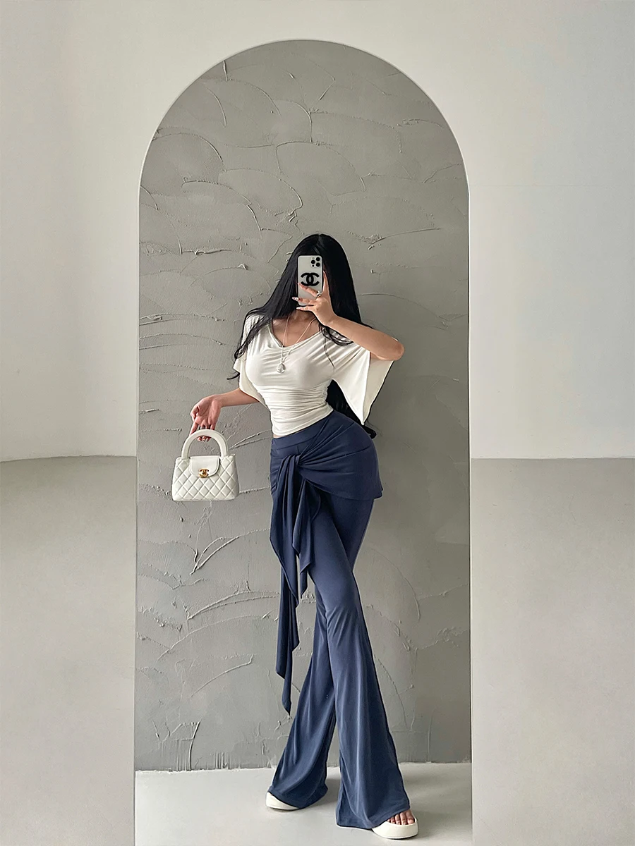 

High Waist Bell Bottom Casual Pants Long Draping Trendy Women's High Waist Fake Two-Piece Belted Lengthening Leg Effect