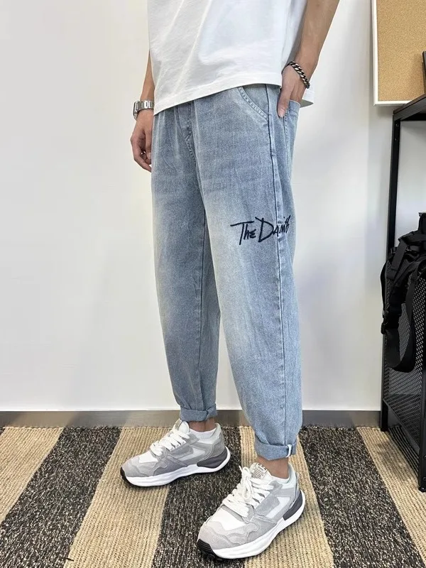 

Мужские джинсы Harlan, очень большие, 300 пу, повседневные, свободные, зауженные, длиной 9/10, летние, модные, прямые, сильного пошива