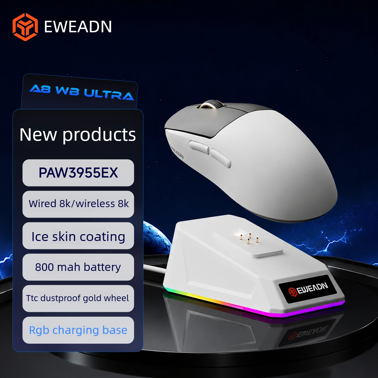 EWEADN A8WB Ultra Wireless Gaming Mouse PAW3955 Sensor 8000Hz Dual 8K Polling Rate 59g Computer Mice For PC Laptop Gamer