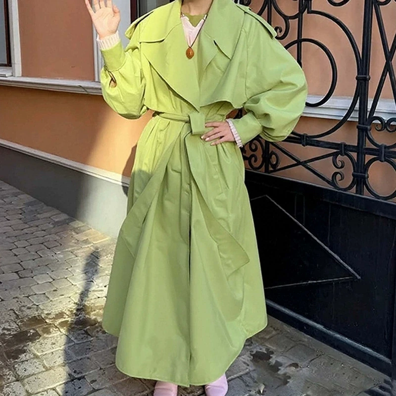 

Женское зеленое пальто с лацканами, модная свободная верхняя одежда с поясом и длинными рукавами, шикарная новинка 2023 года, осенняя уличная женская верхняя одежда для путешествий и отдыха