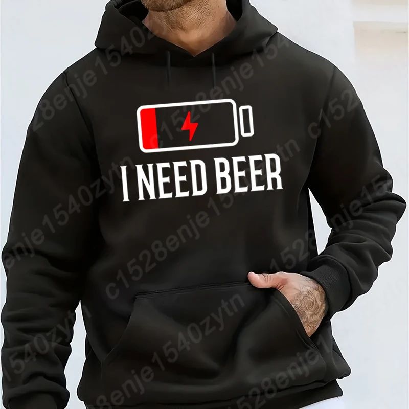 Autumn And Winter Men's Fashion Pullover I Need Beer Print Hooded Hoodies Men Casual Solid Color Pocket Sweatshirts Youth Hoodie