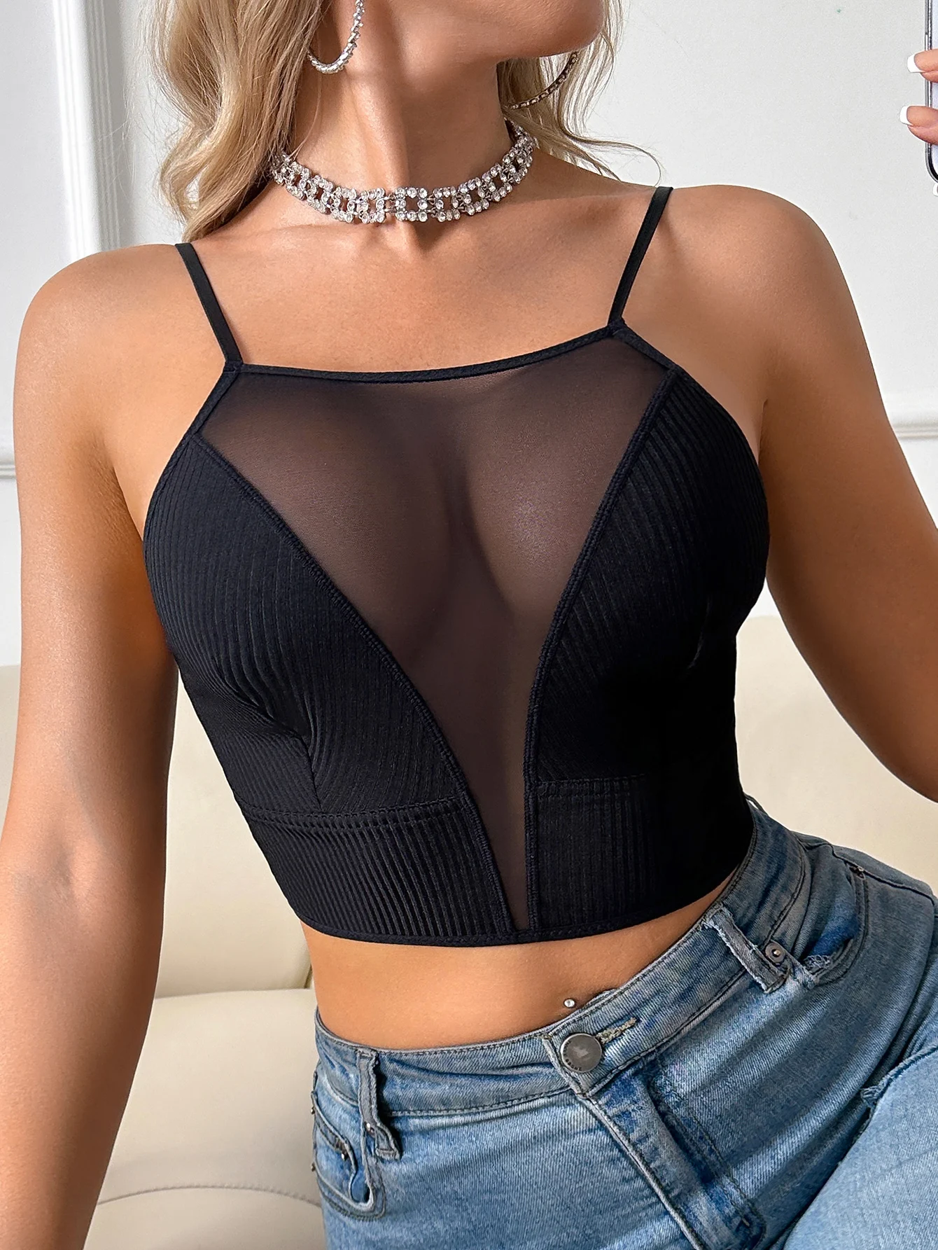 1 Stück Sexy Mesh-Camisole Drahtloser BH Modische Damen Sexy Unterwäsche Ungefütterter Bralette Dessous