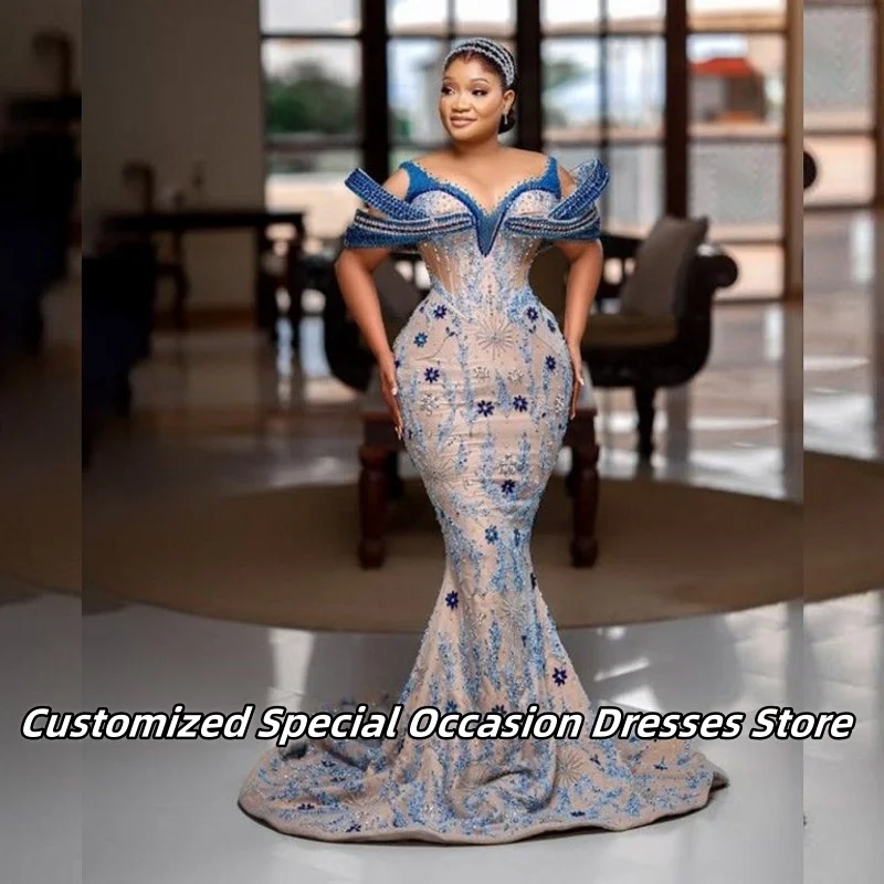 

Light Blue Exquisite Beaded Applique Evening Dresses For Women Long Mermaid Prom Gowns Wedding Party Dress Luxurious Customized