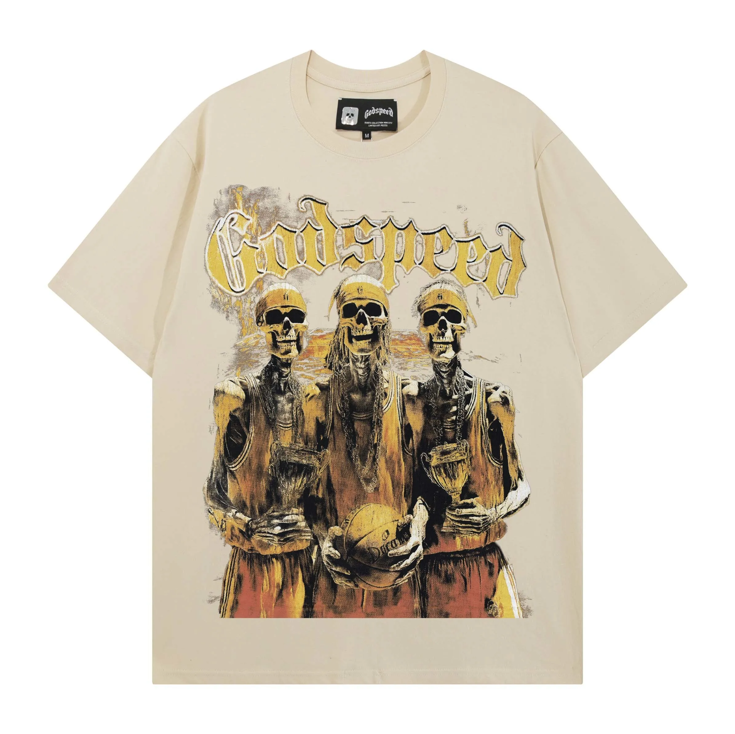 Godspeed Retro Skeleton Print Heavyweight Pure Cotton Loose Summer Short Sleeve T-Shirt Street Style Citywalk Casual Unisex Top