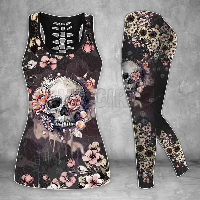 Flower Skull  3D Printed Tank Top+Legging Combo Outfit Yoga Fitness Legging Women