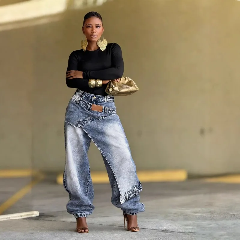 

y2k Women's 2026 new asymmetric wrap waist washed denim jeans, high street style loose fit cuffed jogger pants for fashion girls