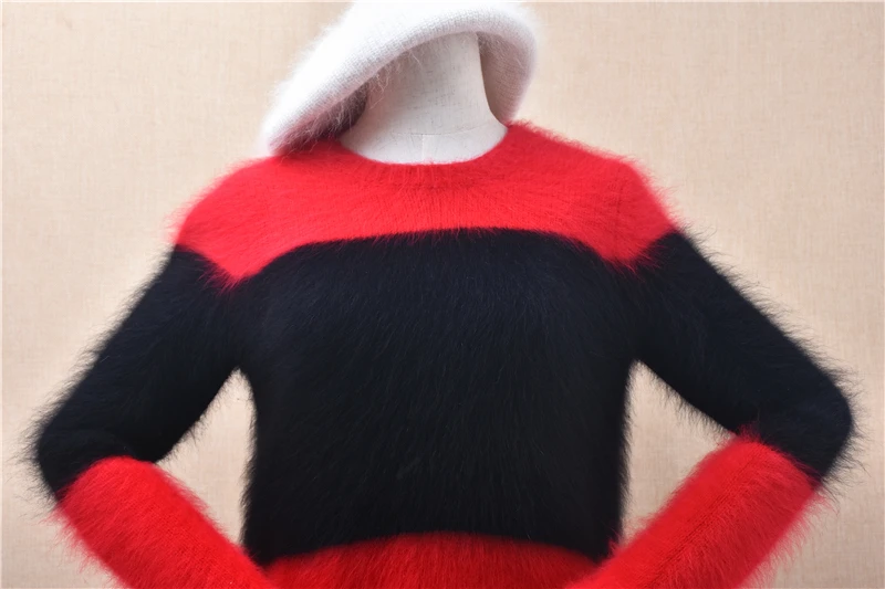 Ladies Women Autumn Winter Clothing Colored Hairy Angora Rabbit Hair Knitted O-Neck Slim Blouses Pullover Sweater Jumper Pull