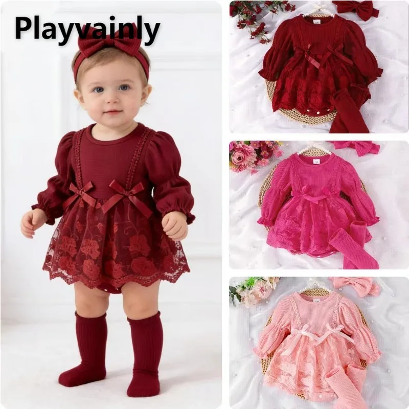 

Корейский стиль, весна-осень, модное боди для младенцев, пышная кружевная юбка с длинными рукавами и бантом, комбинезон + носки + головной убор, одежда для малышей A1657