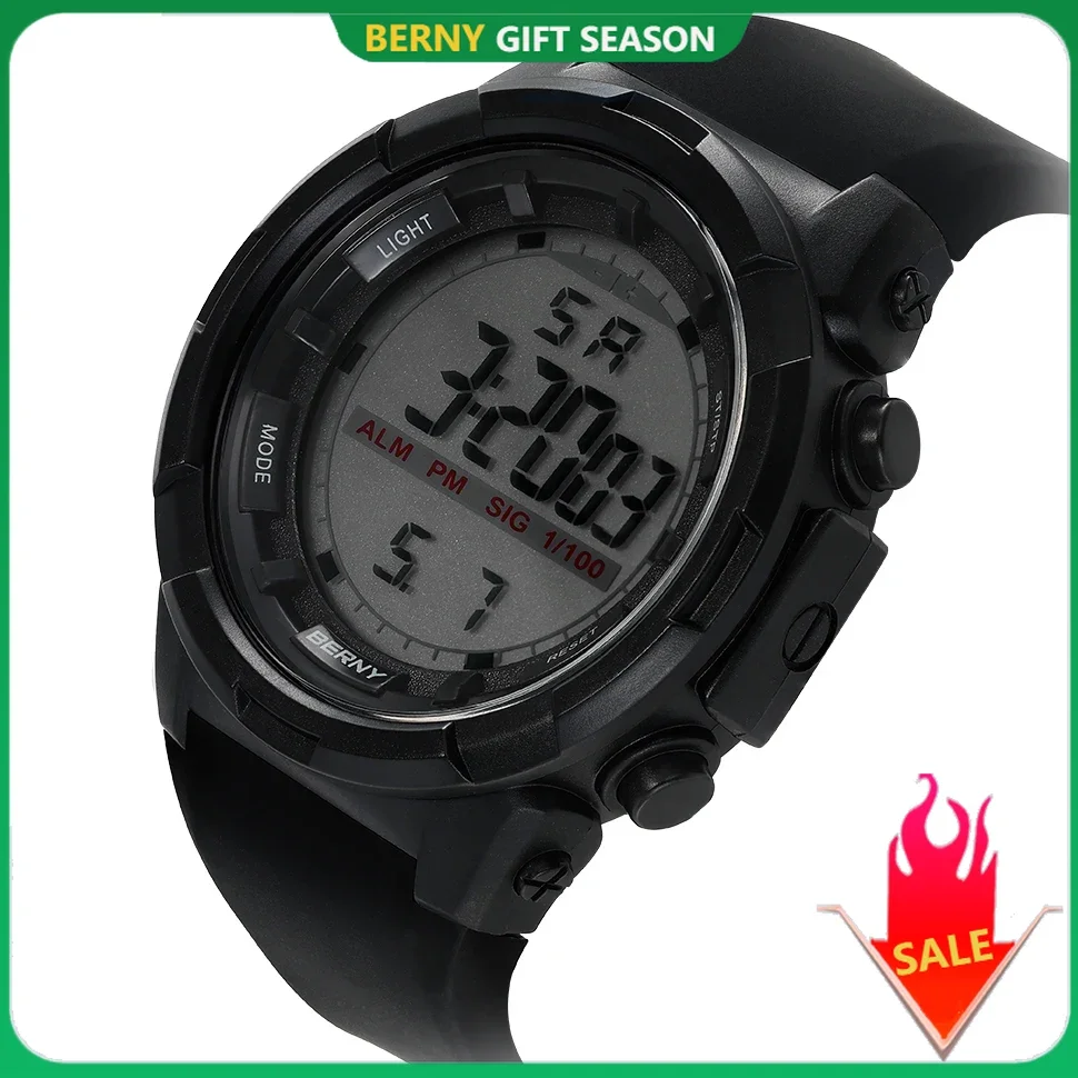 BERNY Watches For Men Digital Electronic Men\'s Watch Super Light Timekeeping Alarm Calendar 5TM Waterproof Male Sports Watch